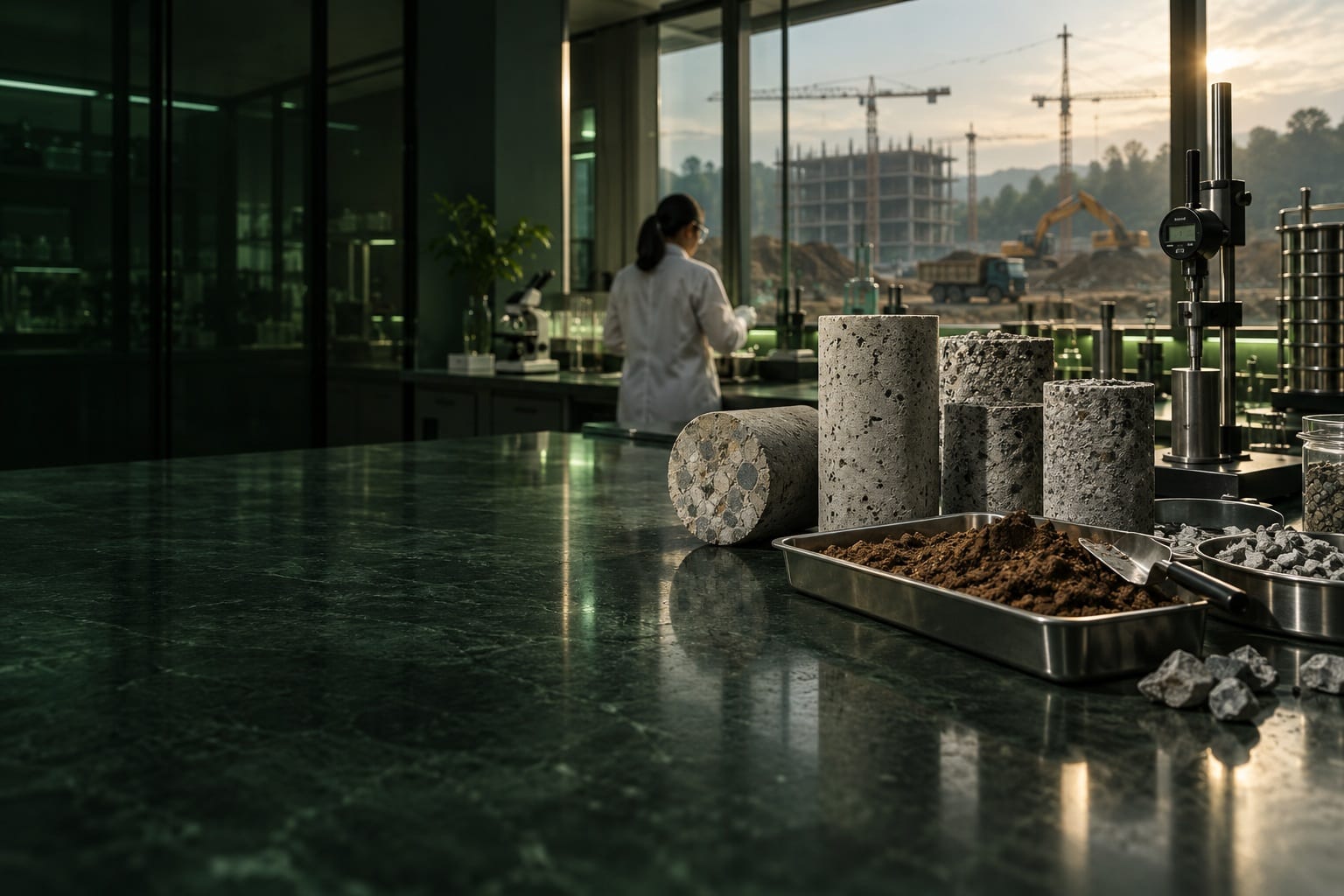 Concrete cores, soil and aggregate samples on a laboratory bench, with a construction site beyond the windows